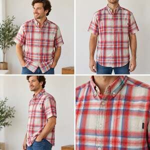 Columbia Shirt Mens Large Red Blue White Plaid Short Sleeve Button Down Pocket